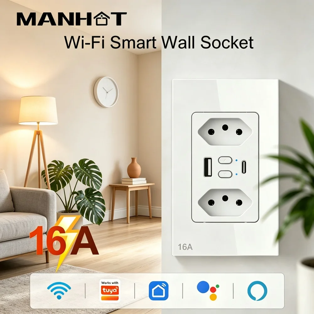 MANHOT 16A Brazil Wifi Smart Wall Dual Socket USB Type-C Plug Outlet Glass Panel APP Remote Control Work With Smart Life Alexa