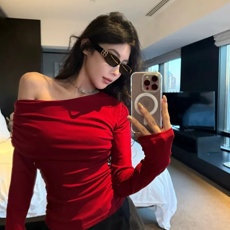 

Sexy Slim Fit Long Sve Folded oulder Base irt Inner Wear Top for Women Autumn Winter Faion Trend Streetwear Sle