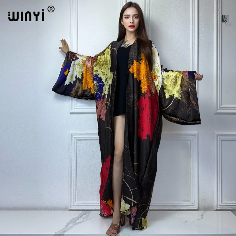 WINYI Kimono Summer Bohemia Print Long Sleeve Cardigan Female Blouse abaya cover up beach women boho maxi dress party kaftan