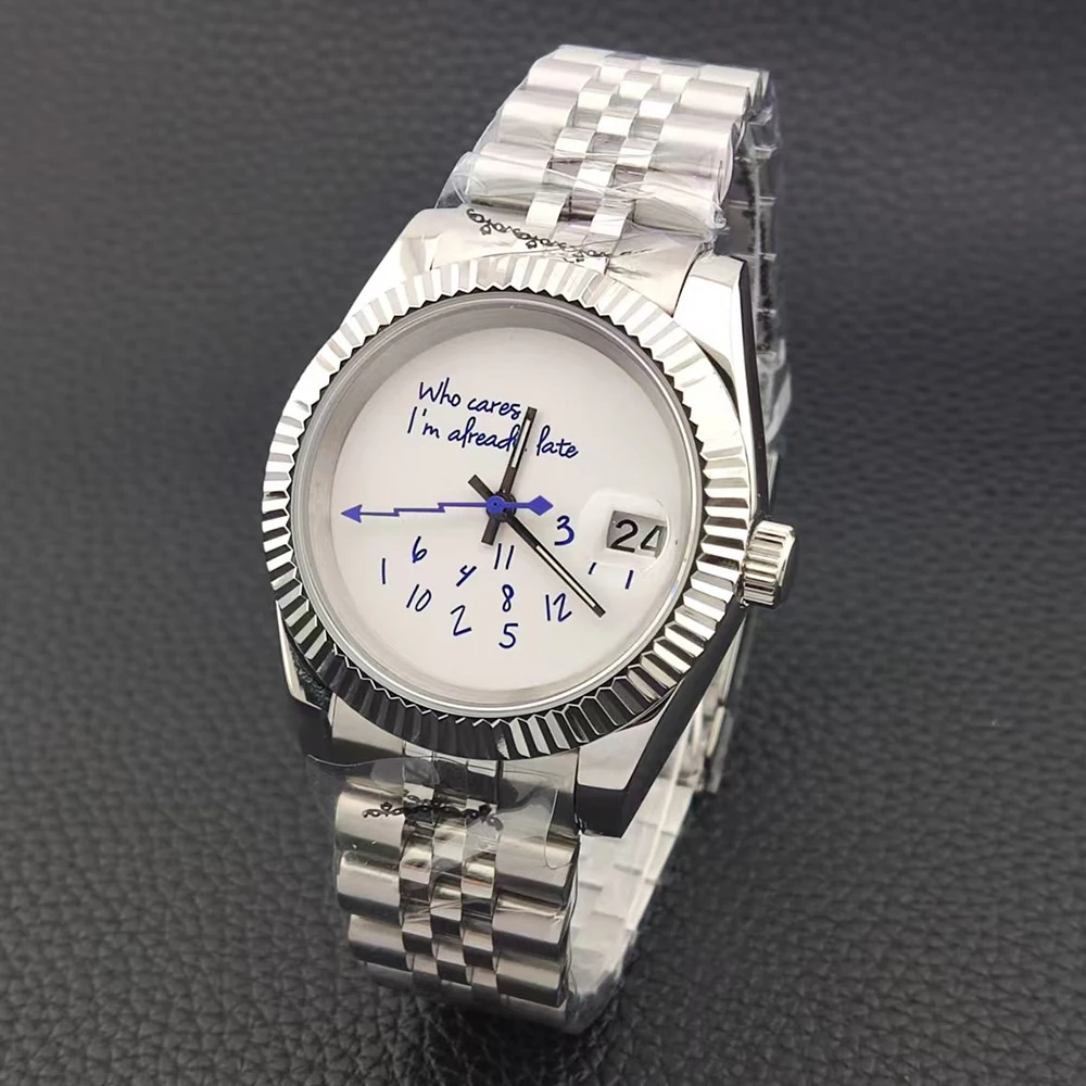 39 مللي متر/36 مللي متر nh35 ساعة من يهتمني بالفعل متأخر ساعة لا شعار الأزرق النص الهاتفي الياقوت كريستال زجاج NH35 الحركة التلقائية