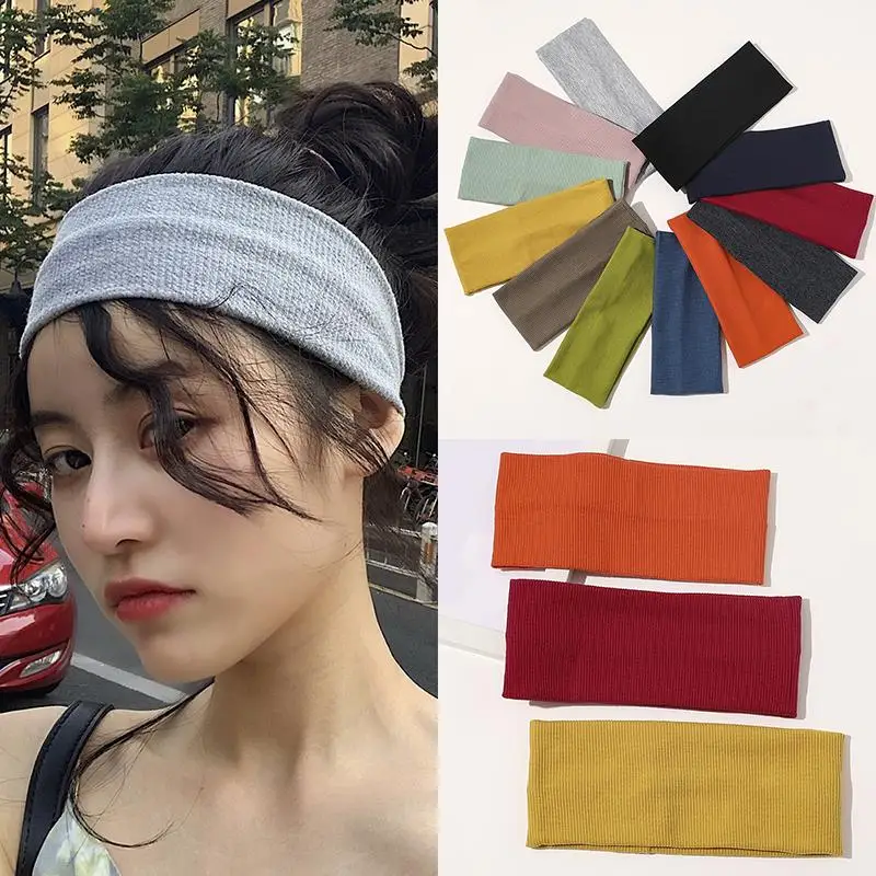 Women Solid Color Wide Headband Turban Ribbed Knitted Cotton Hairband Girls Lady Flat Elastic Sport Hair Bands Accessories