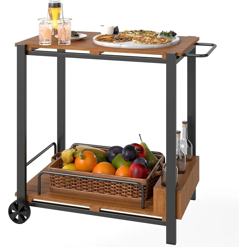 

Rolling Outdoor Bar Cart with 2-Tier, 3 Bottle Holders, and 2 Wheels for Patio, Garden, Balcony Use