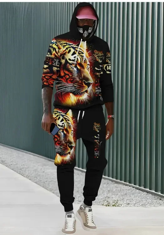 

Vintage Men's Hooded Hoodies 3D Printed Battle Animal Pattern Sweatshirt Drawstring Sport Long Sleeve Tops Casual Men's Set