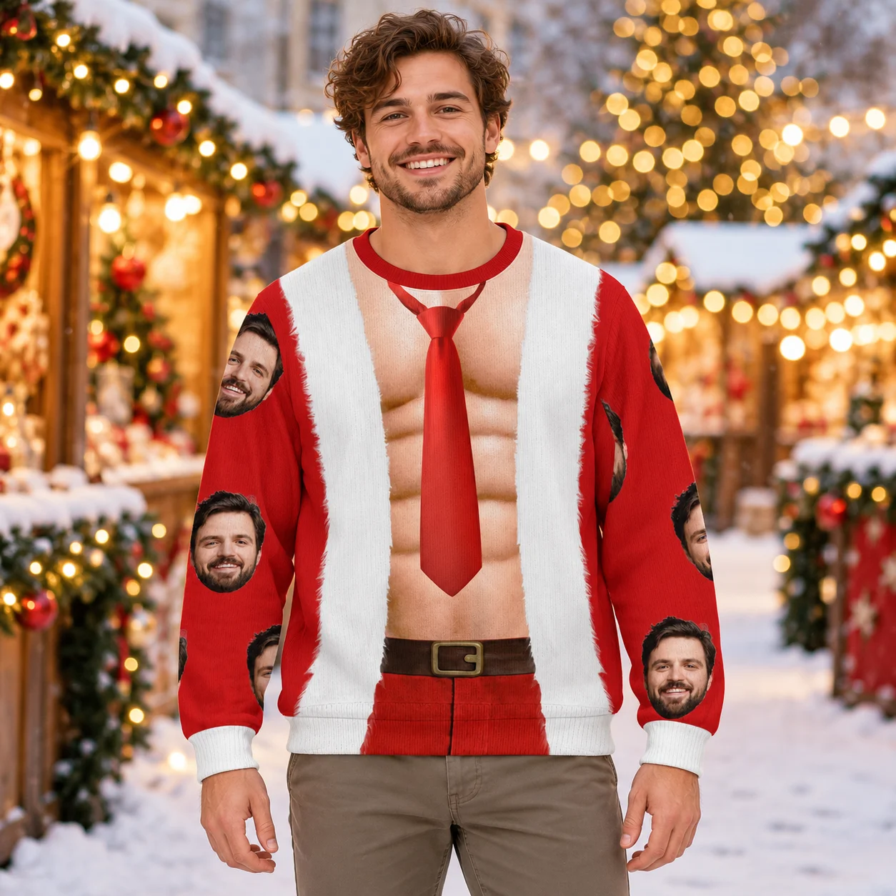 Funny Santa Body Illusion Ugly Christmas Sweater Customized Holiday Prints Crewneck Sweaters for Men Women Party Outfits