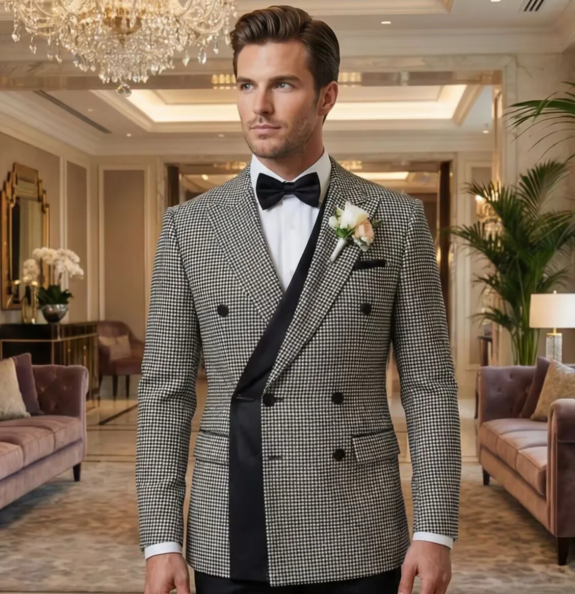 Italian Style Men's Double-Breasted Plaid Casual Suit Jacket Wedding Party Plaid Pattern Business Suit Jacket