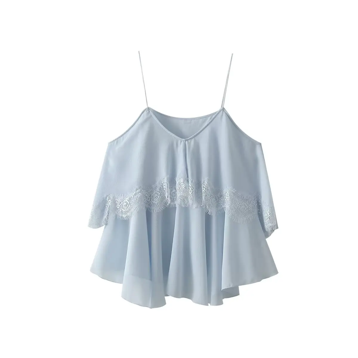 

MYST&ZA Women's Summer New Style Lace Bordered Elegant and Sweet Layered Ruffle Leafy Gaul Strap Top