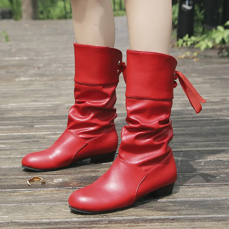 

Europe and America New Style Short Boots Square Heel Pleated High Tube Bowknot Knight Boots Large Size Lace-up Women Boots