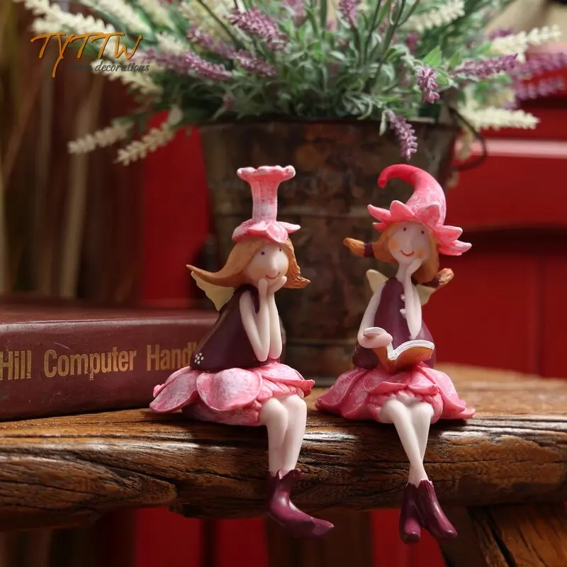Lovely Flower Hat Fairy Elf Resin Figurine Set, Sitting Angel Doll Desktop Decoration, Creative Table Ornament, Birthday Gift