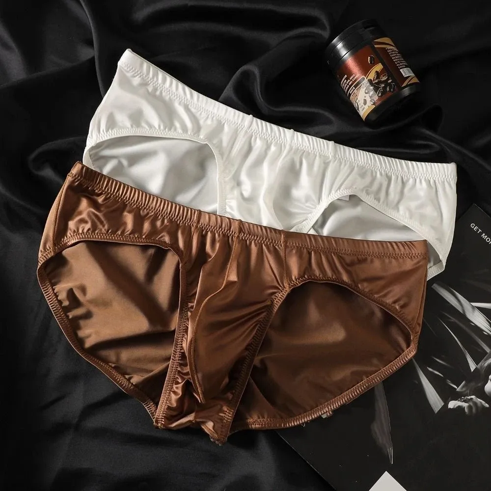 Luxury Low Waist Male Underwear Ice Silk Bulge Pouch Satin Silk Briefs Glossy Shiny Lingerie Men's Triangle Panties Sports