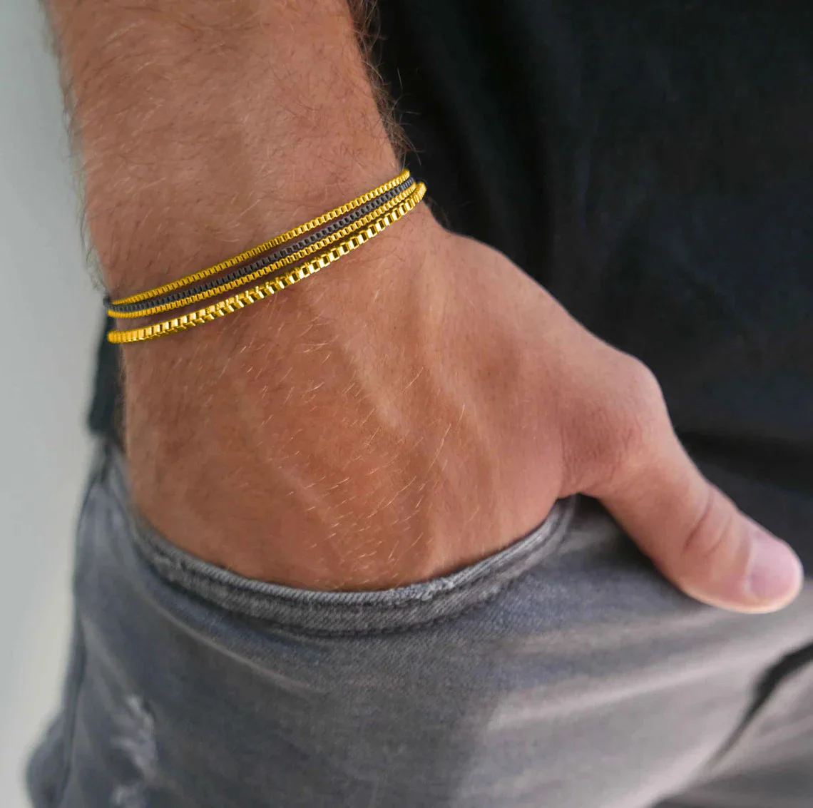 4 Pcs Mens Bracelets Stainless Steel Stack Bracelet Sets - Dainty 14K Gold Plated Box Chain Bracelets for Men Jewelry Gifts