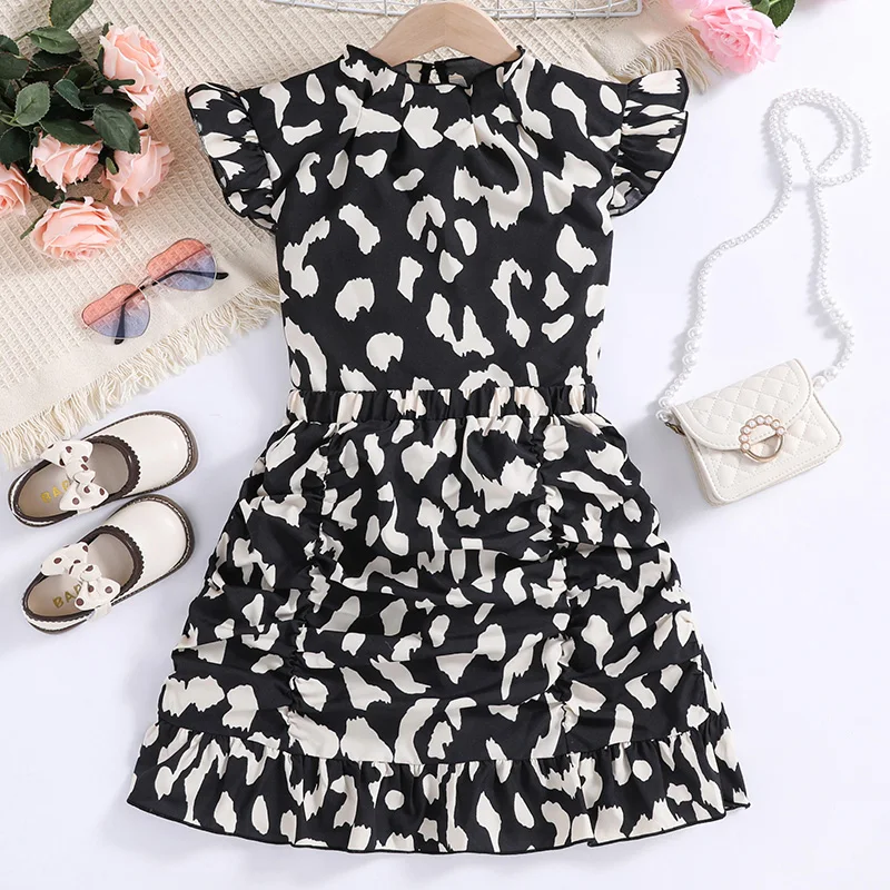 New Summer Designed Classic Girls Big Black Retro Pattern Top + Black Pattern Skirt 2PCS Suit Stylish Daily Casual Vacation