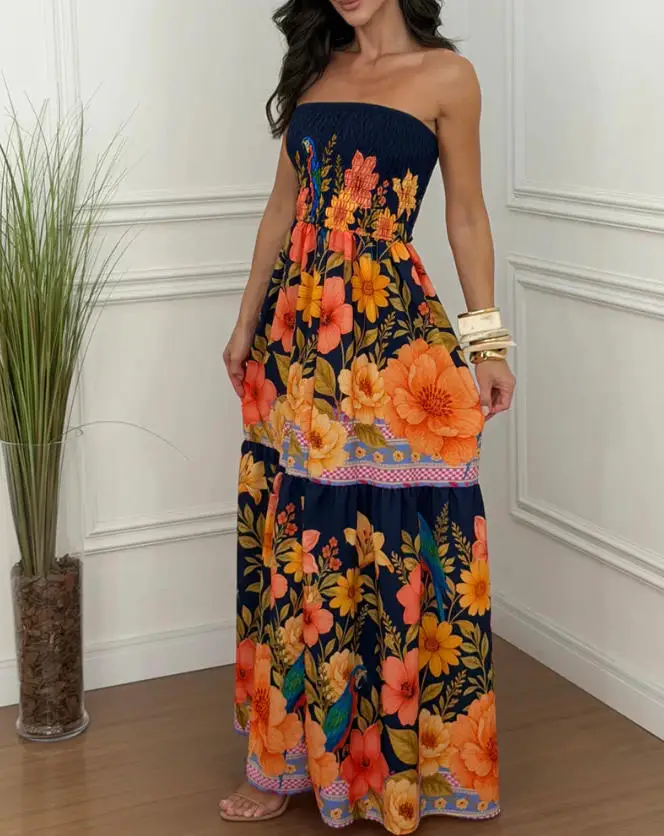 

Printed Lace Up Long Skirt Shirt Ruffled Holiday Dress