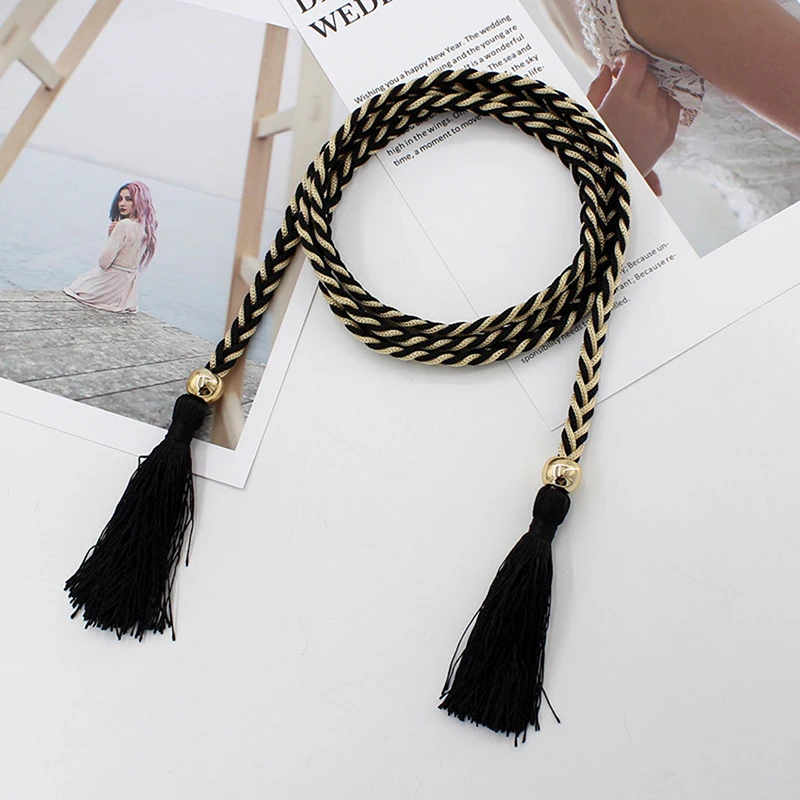 Ladies Fringed Thin Waist Chain Skirt Decor Waist Strap Rope Knotted Mixed Color Braided Female Waist Belt