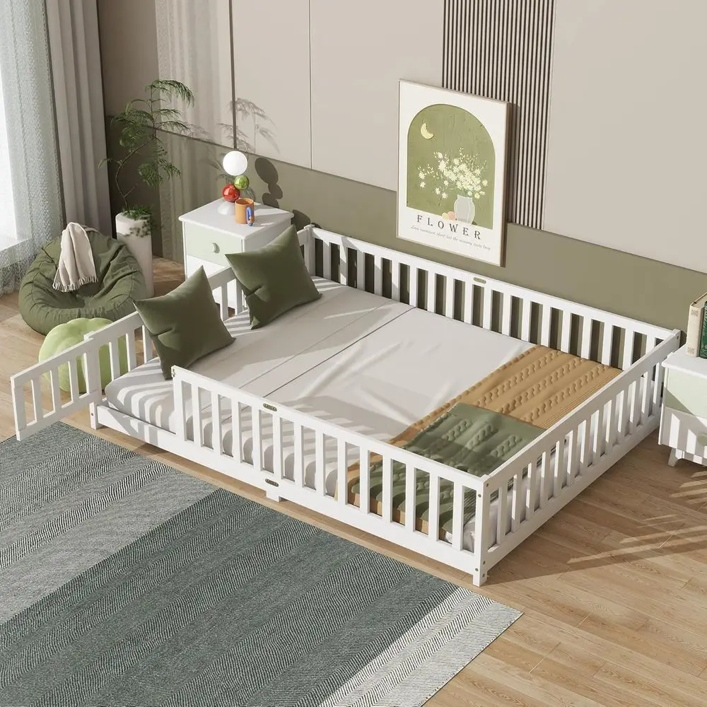 PVWIIK Queen Size loor Bed with ence and Door,Easy to Assemble Wood Bedstead,Platorm Bed w/Saety Guardrails/Near The Ground,Whit