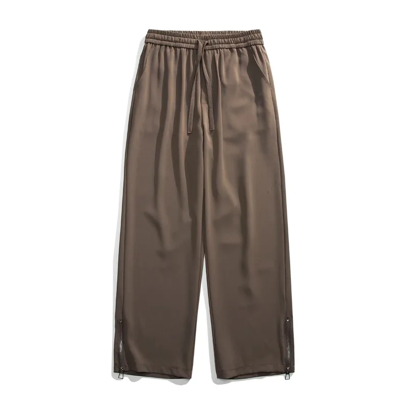 Men'sspring Autumn Elastic High Waisted Solid Zipper Pockets Casual Loose Work Wide Leg Trousers England Style Vintage Pants