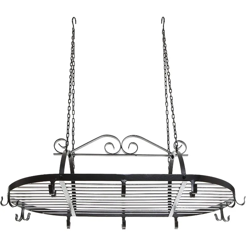 MyGift Black Scrollwork Metal Pot and Pan Ceiling Hanging Rack Heavy Duty Cooking Pans and Utensil Hanger with 10 Dual Hooks