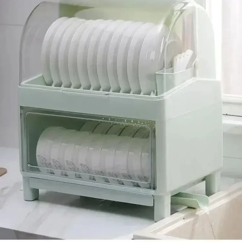 

Household kitchen cupboard tableware storage box drain rack with lid tableware countertop double layer dish storage box