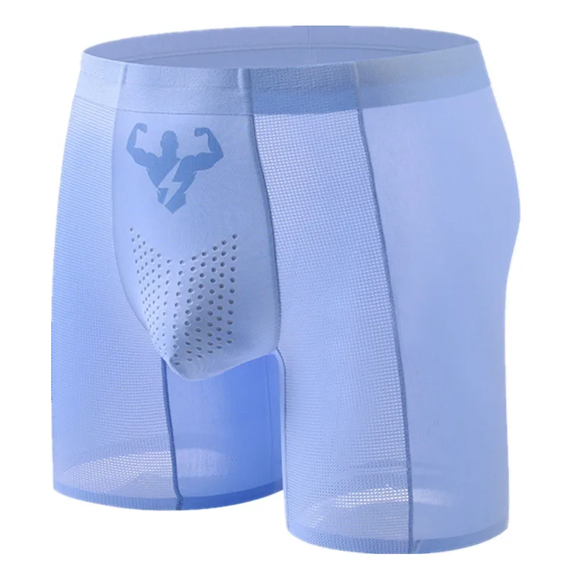

New Mens Boxer Shorts Slim Ice Silk Underwear Man Breathable Mesh Pouch Panites Solid Extended Long Underpant Plus Size XL-6XL