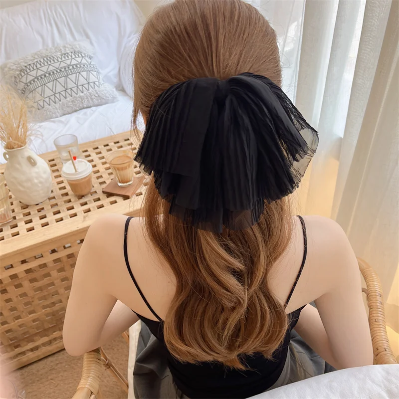 New Chiffon Ribbon Bow Hairclip Women Girls Barrettes White Black Silk Bowknot Hairpin Spring Clip Headwear Hair Accessories