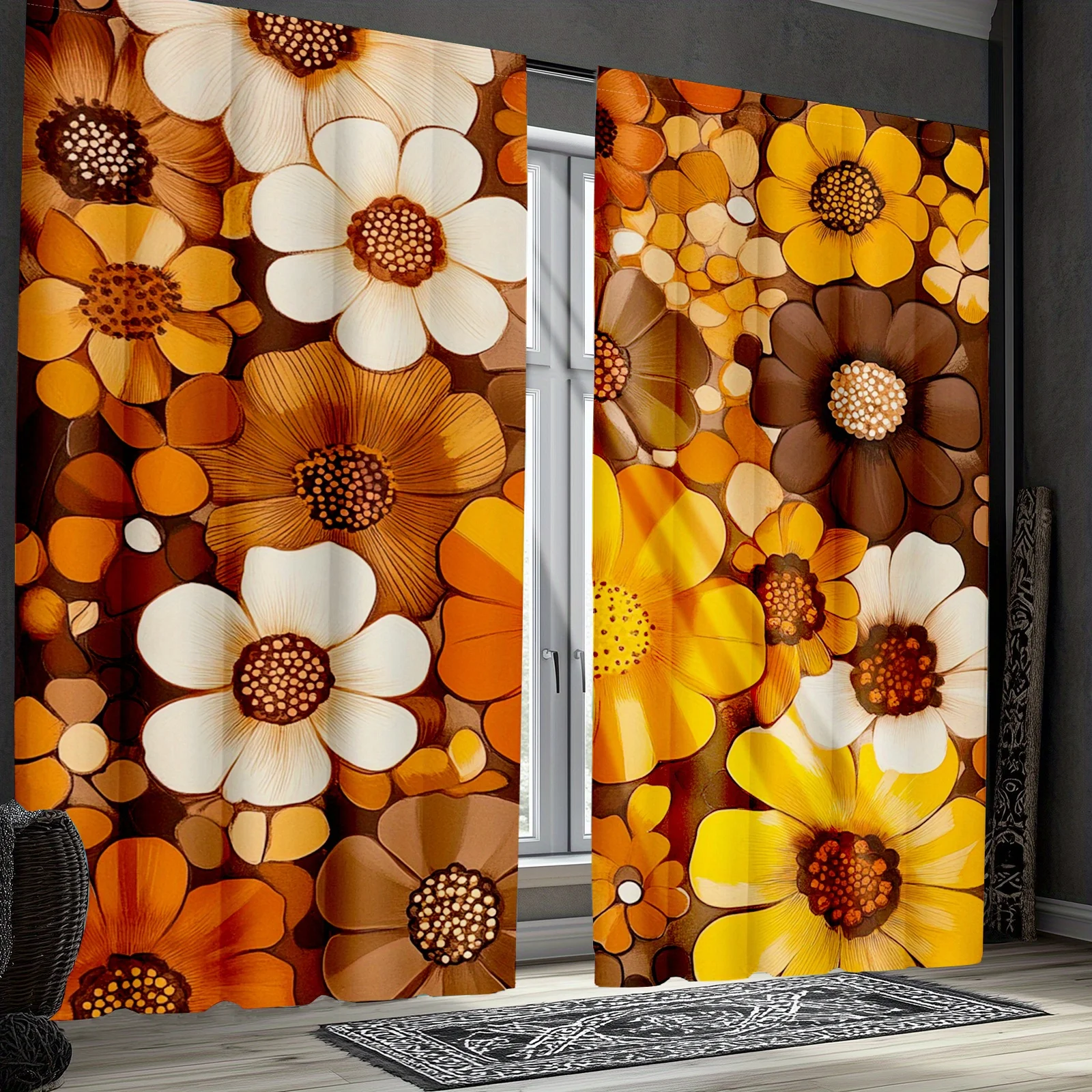 Luxury Floral Sunflower Curtains 2pcs Yellow Orange Botanical Print Window Curtain Set for Living Room Home Decor Privacy