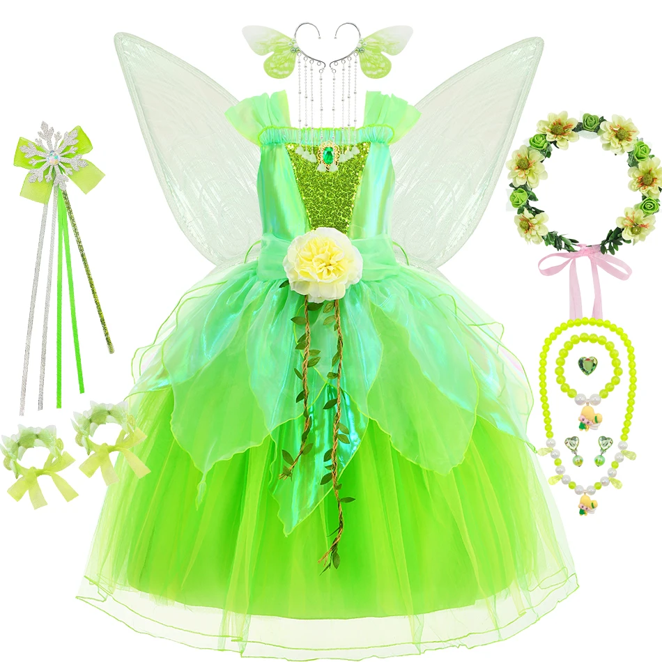 Tinker Elf Princess Dress Girls Bell Performance Green Costume Girl Cosplay Christmas Clothes Fairy Wedding Carnival Clothing