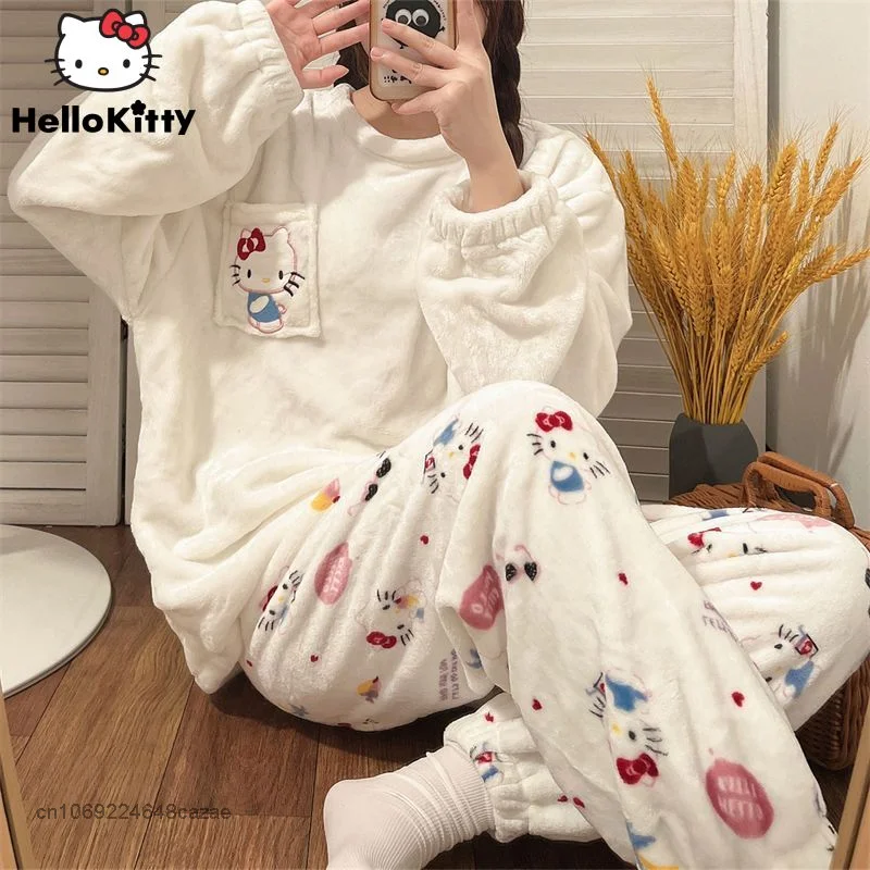 Sanrio Hello Kitty Winter Coral Velvet Pajamas Korean College Style Loose Plush Thickened Home Set Y2k Casual Clothes For Women