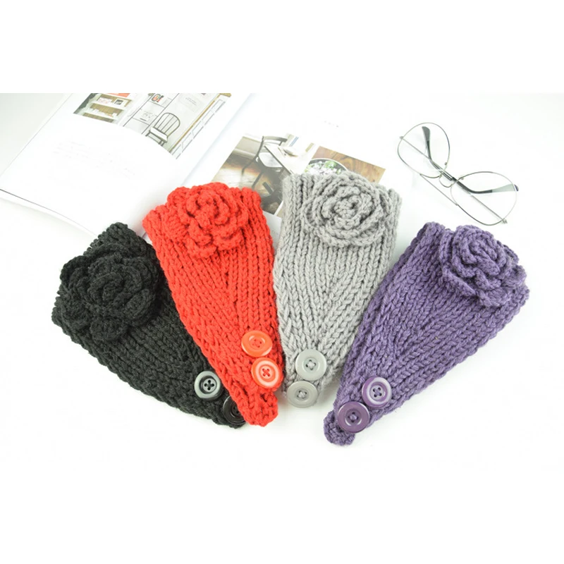 Camellia Flower Knitted Headband for Women Autumn Winter Warm Button Style Wool Hairband Earmuff Hair Accessories Headwear