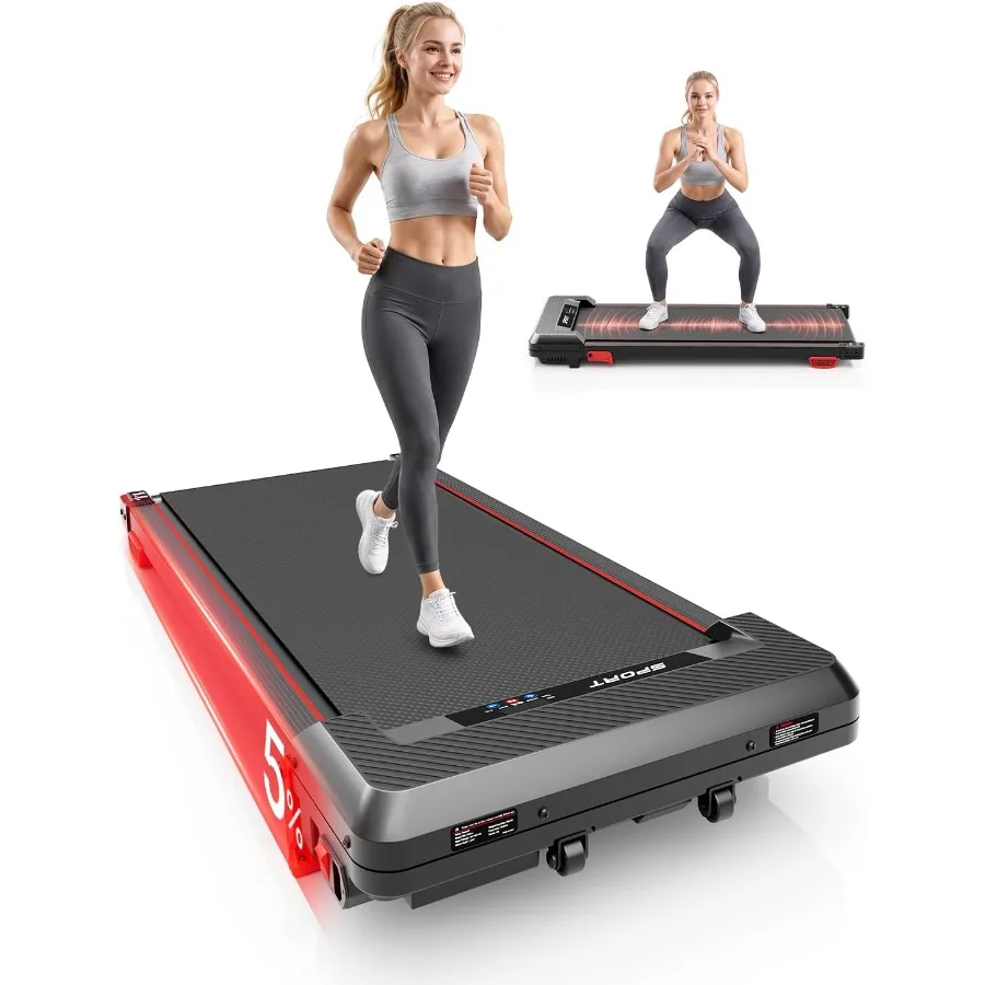 Under desk walking pad treadmill for home use, steel frame, black, 5 incline and compact design for walking or jogging