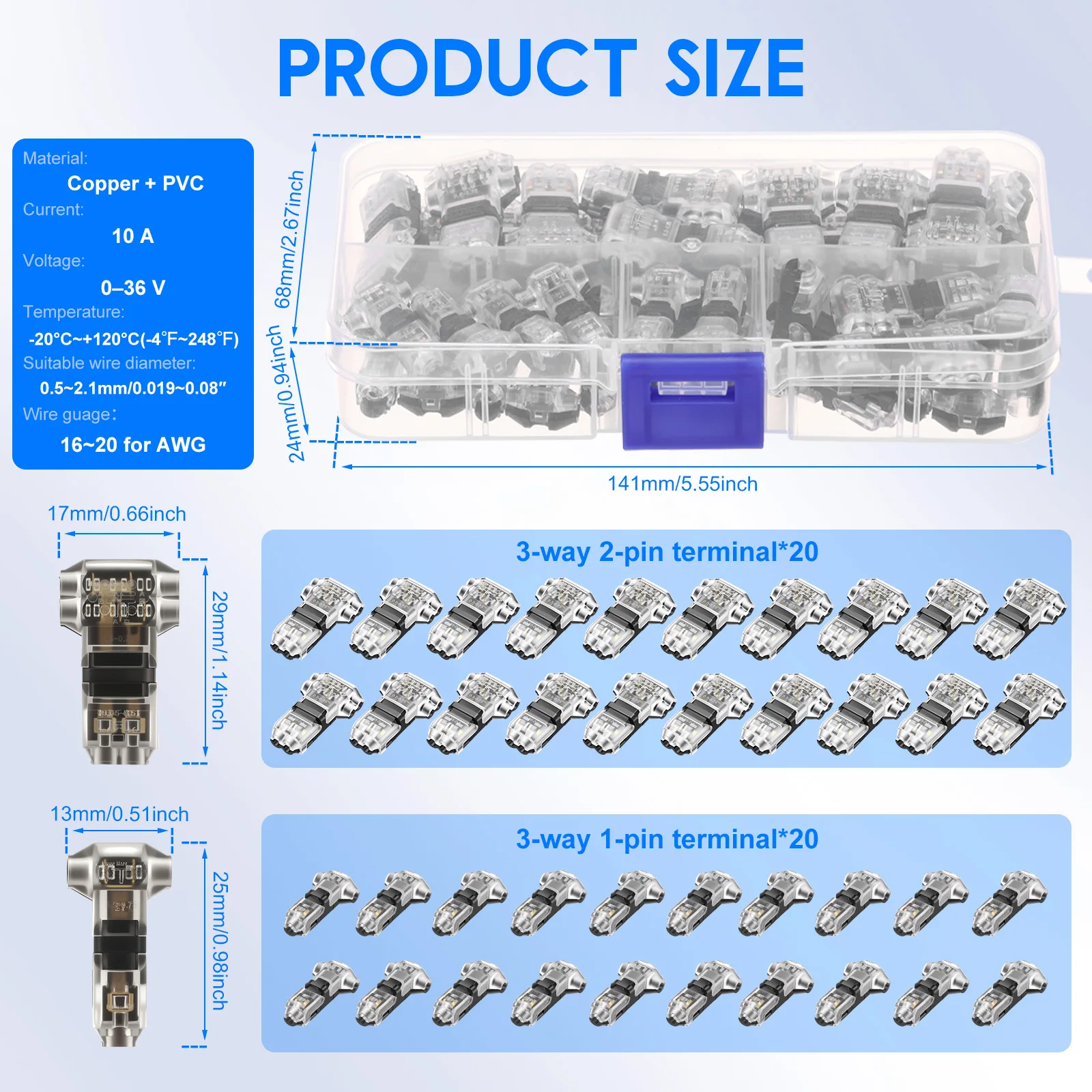40Pcs T Tap Wire Connectors 16-20 AWG 3 Way 1 Pin 2 Pin Low Voltage Solderless Quick Splice Connector for Car LED Strip Audio