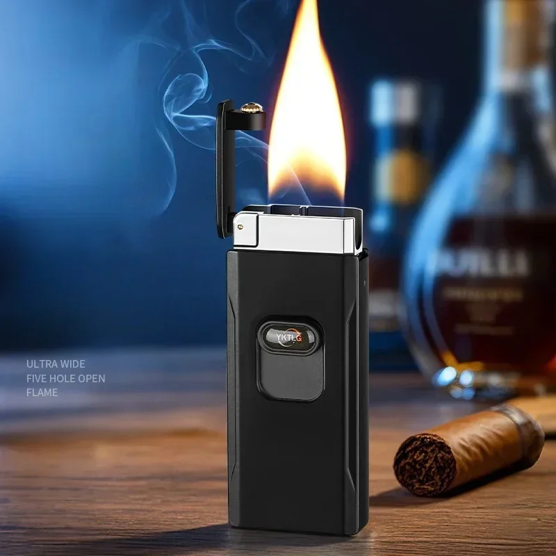 Hot Creative Lift Ultra Wide Five Open Flame Butane Gas Lighter Gravity Sensing Shake Ignition Type-C Electric Lighters Smoking