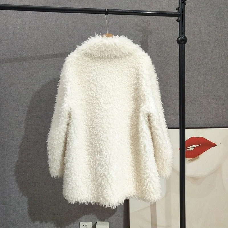 JT529 Women Wool Fur Jacket Mid-Length Double-Breasted Lapel Thickened Coat