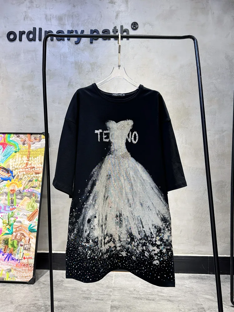 Luxury Rhinestone T-shirt Drsss women Summer Wedding Dress Pattern Full Diamond Sweet Mid-Length Short Sleeve Oversize Dress