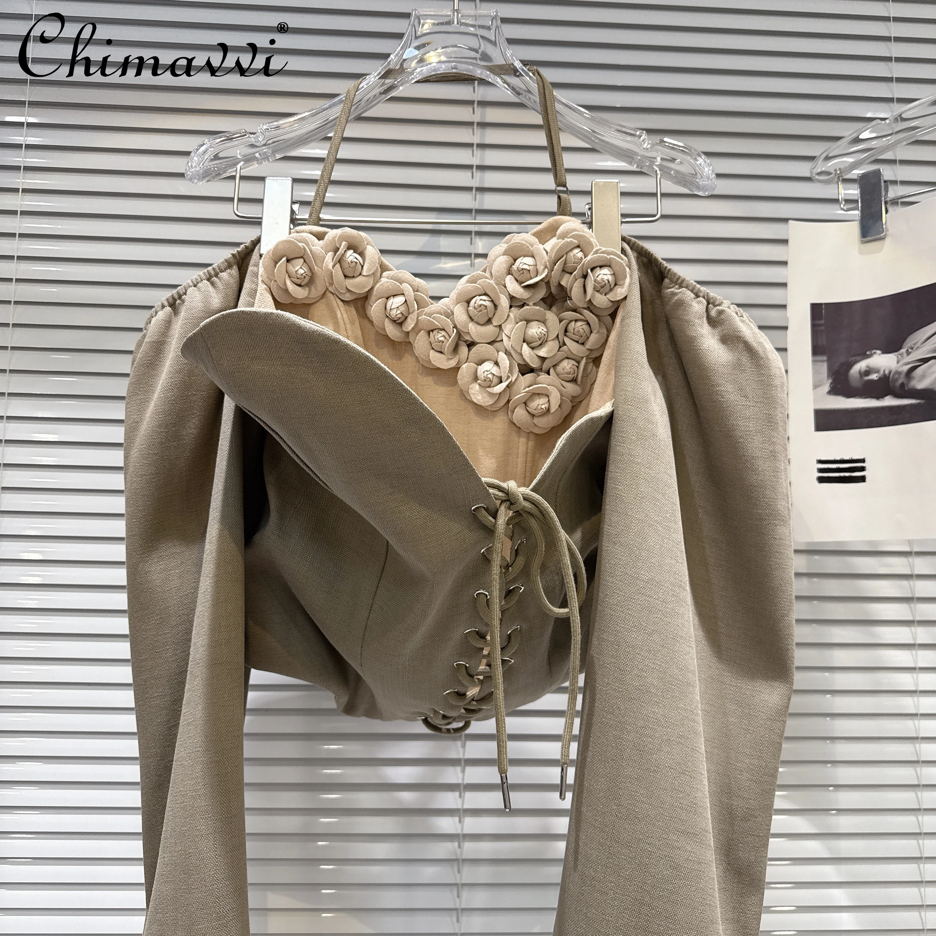 

2025 Autumn New Spicy Girl 3D Flower Lace-Up Fake Two-Piece Halter Short Jacket Top Women Fashion Slim Fit Elegant Coat Women