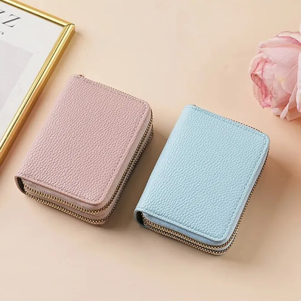

Double Layer Zipper Women's Wallet Multi Card Slot Compact Design Coin Purse Multi-Function Lychee Pattern Card Holder Women