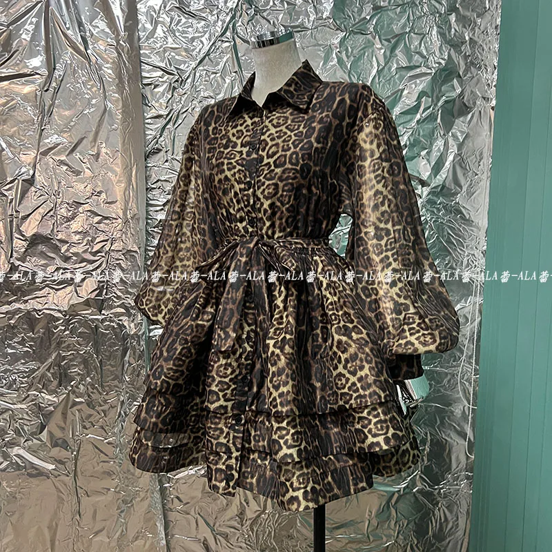 Primavera popolare retrò classico modello leopardo monopetto manica lanterna camicia a strati vestito gonfio Cinched abito corto femminile