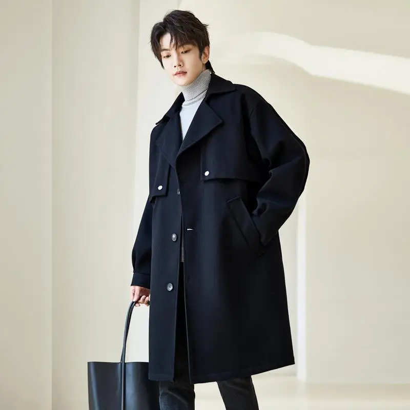 

Bla Woolen Men's Coat Medium-Length Casual Sle Briti Faion Autumn Season Single-Button Closure Classic Lapel Design