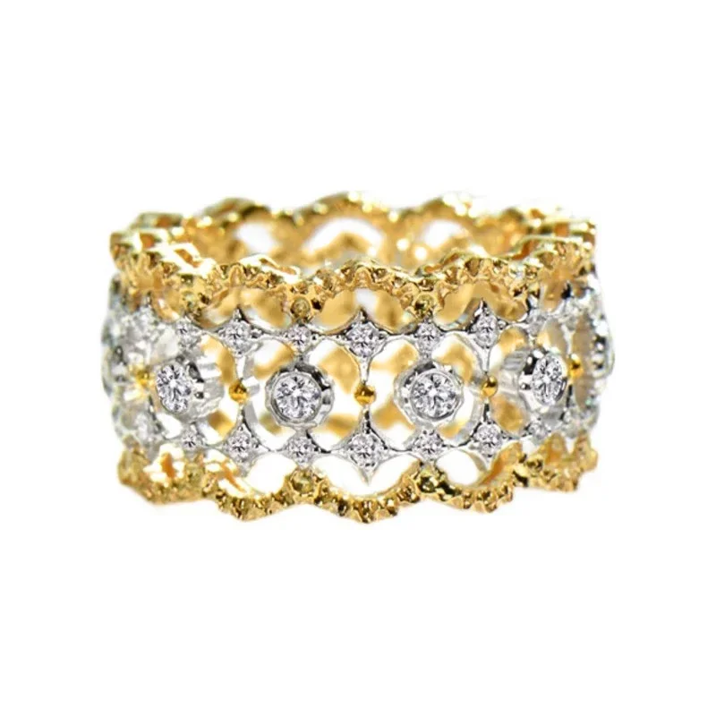 Huitan Luxury Hollow-out Wide Rings for Women Fashion Tow-tone Style Finger Accessory Exquisite Chic Engagement Wedding Jewelry