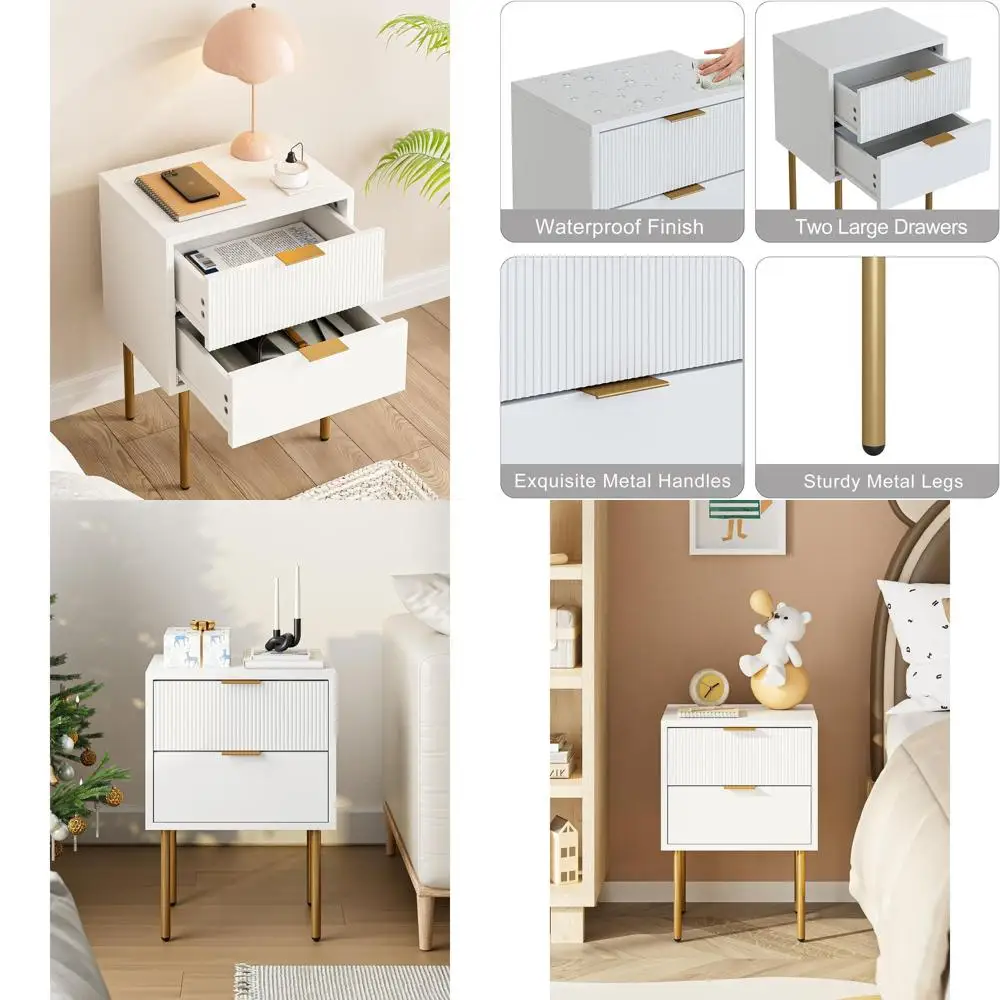 

Modern 2-Drawer Nightstand with Gold Frame, White Bedside Table for Bedroom and Living Room