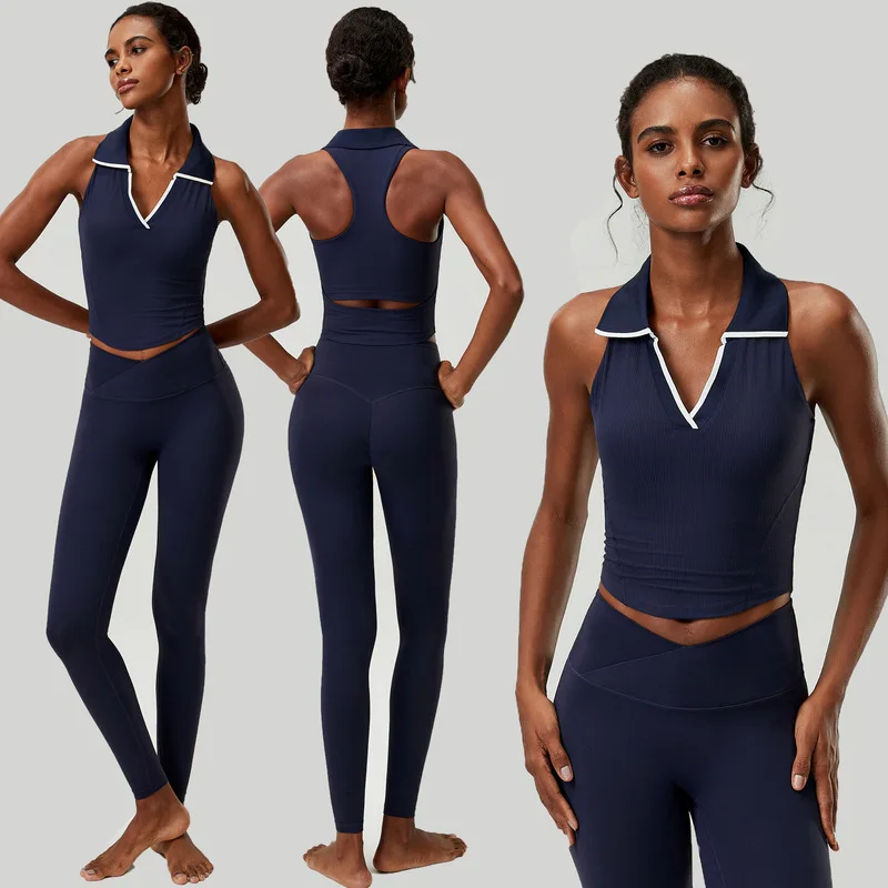 Women 2 Piece Yoga Outfit Set Stand Collar Ribbed Crop Tank Top V Waist Leggings Solid Color Seamless Stretchy Athletic Workout