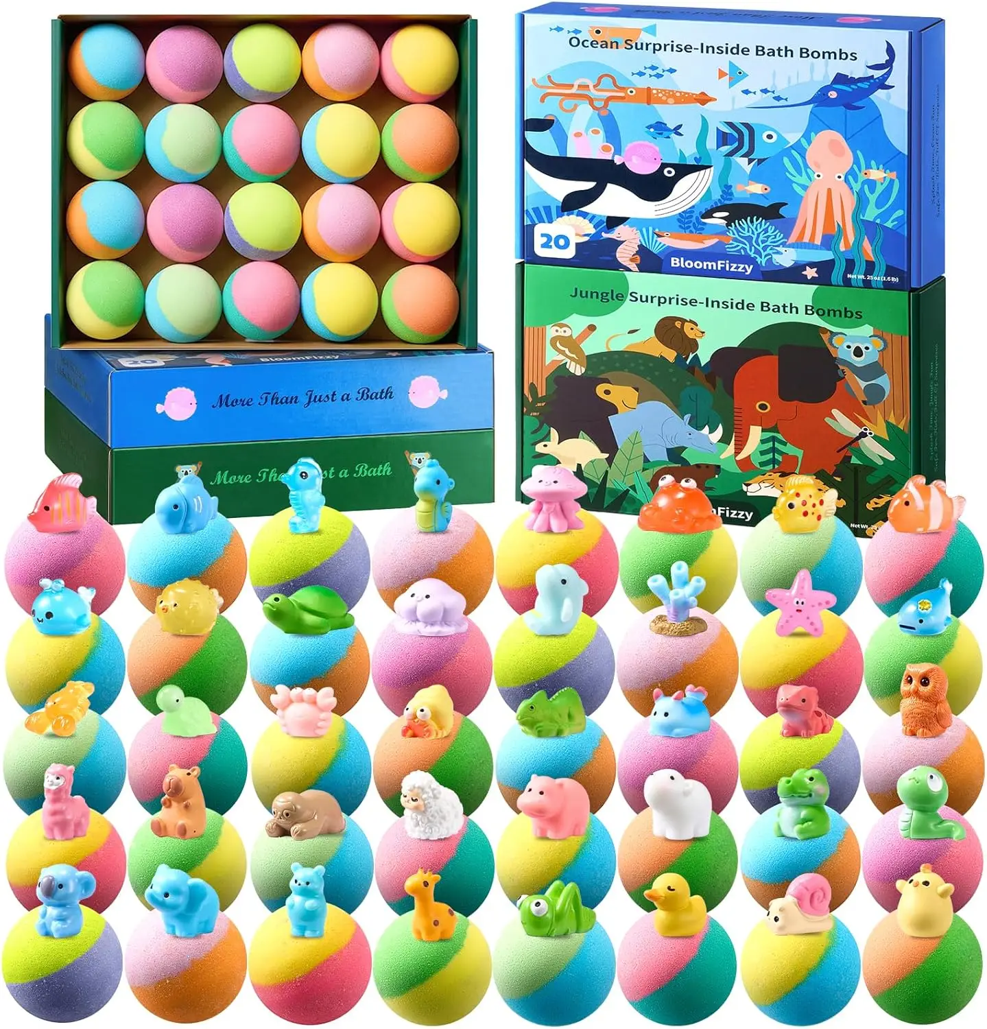

40 Surprise Bath Bombs for Kids, Easter Basket Stuffers with Ocean & Jungle Animal Toys, Child-Safe Travel-Friendly Gifts