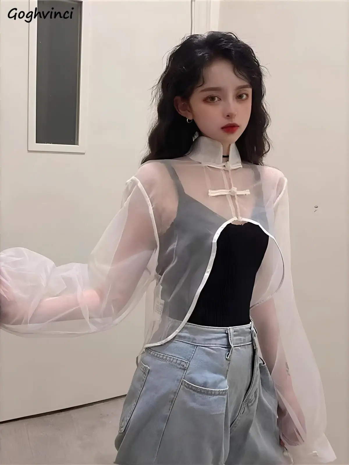 

Long Sleeve Women Shirt Ladies Black Mandarin Collar Chinese Button Front Shirt Relaxed Fit Commute Minimalist Classic Basic Top