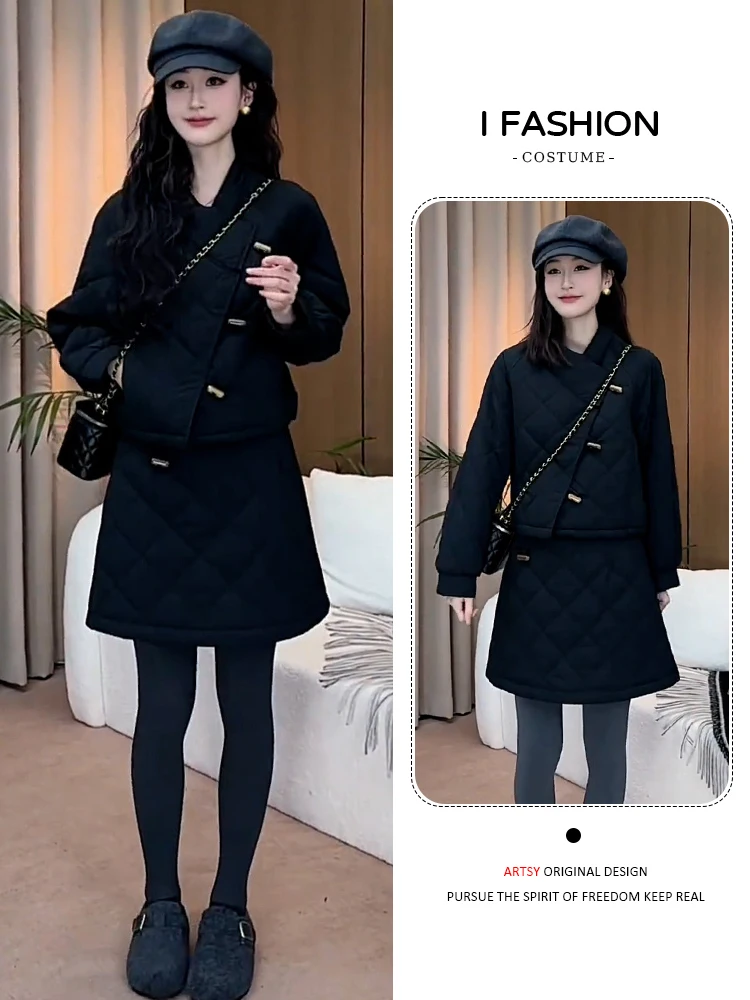 Damski dwuczęściowy zestaw sportowy na zimę, nowy płaszcz, spódnica z podkreśleniem talii, ciepły komplet z włókna poliestrowego, długi rękaw.