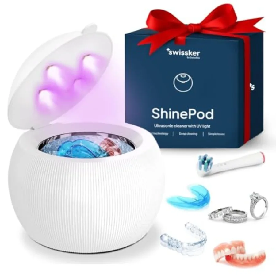 

Swissker by Swissklip ShinePod Ultrasonic Retainer Cleaner Machine Dental Pod Ultrasonic Cleaner for Dentures, Aligners, Mouth