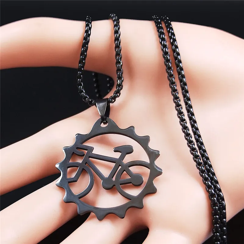 Tires Bicycle Stainless Steel Long Chain Necklaces Women/Men Black Color Bike Necklaces Jewelry collar hombre bicicleta N2653S1