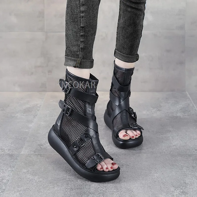 Summer 2022 New Genuine Leather Sandals Women\'s Hollow Mesh Breathable High-top Wedge Heel Thick-soled Fish Mouth Sandals
