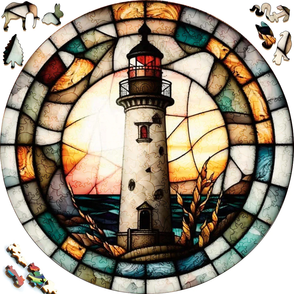 Mysterious Wooden Puzzles Colorful Coast Lighthouse Irregular Shape Puzzle Board Set Decompression Puzzle Toys for Adults Family