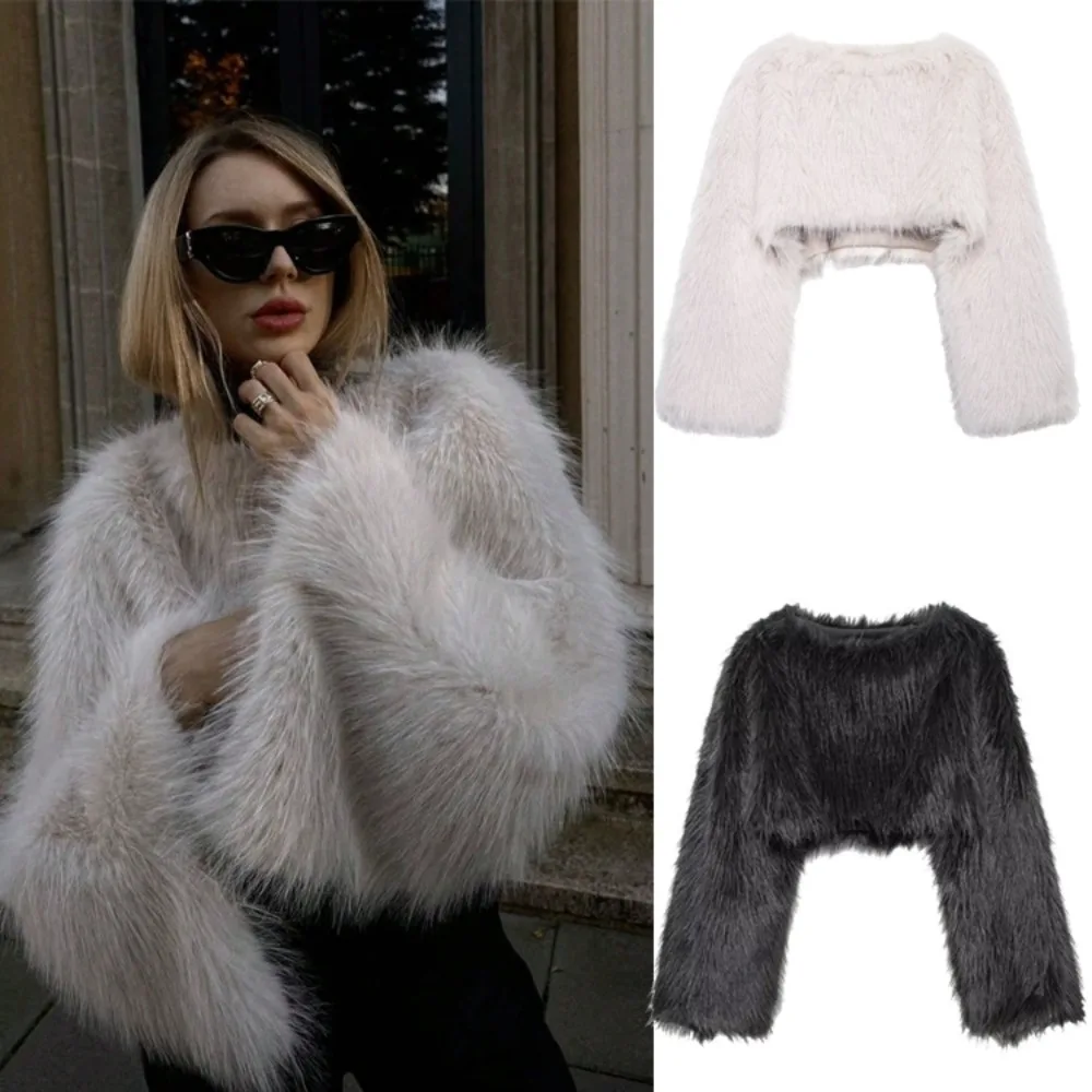 

Autumn and Winter Warm Faux Fur Short Coat Women's Fashion Versatile Street Loose Soft Windproof O-neck Casual Pullover Jacket