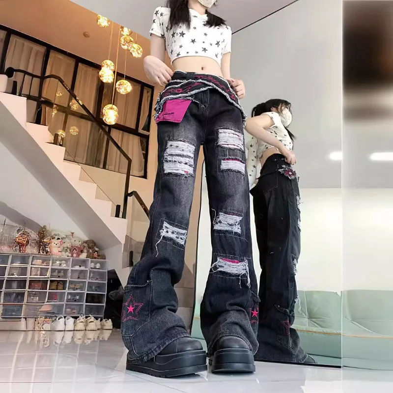 

American Spice Girl Y2K High Street Broken Small Popular Design Micro La Jeans Female Abby anime Fashion Denim Pants