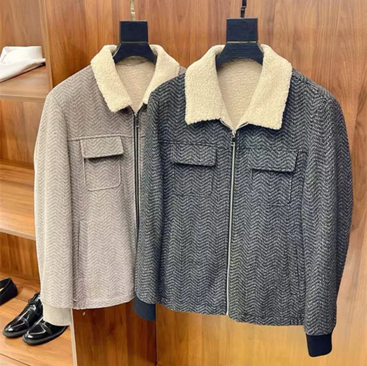 

Новая зимняя коллекция 2025, европейская и американская мужская одежда по индивидуальному заказу, шерстяное пальто с длинными рукавами и лацканами из овечьего меха, куртка