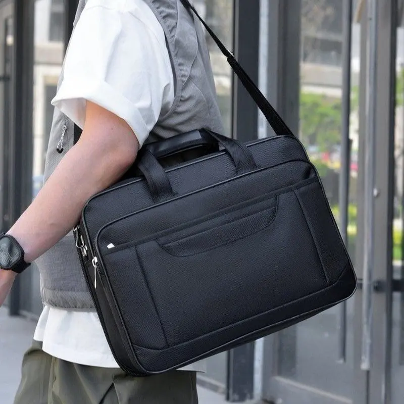 Waterproof Nylon Men Handbag Black Tactical Buckles Laptop Bag Business Commute Daily Travel Durable